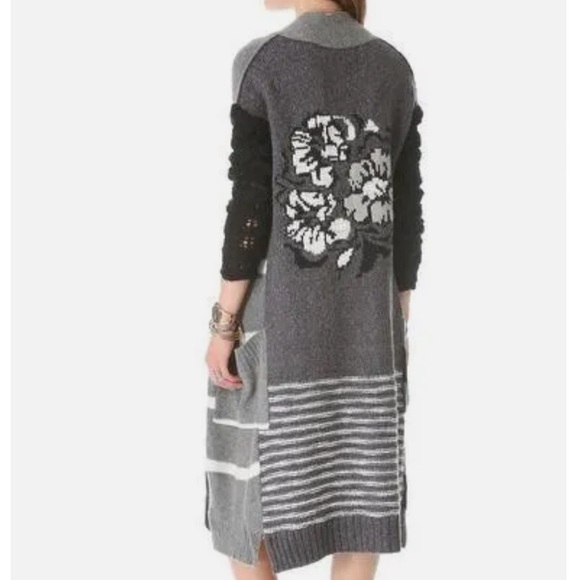Free People Graphic Flower Long Cardigan Grey/Black combo - Picture 2 of 10